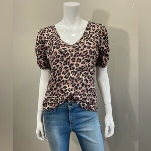 GENERATION LOVE Pink Leopard Print Puff Sleeve V-Neck Top Size M